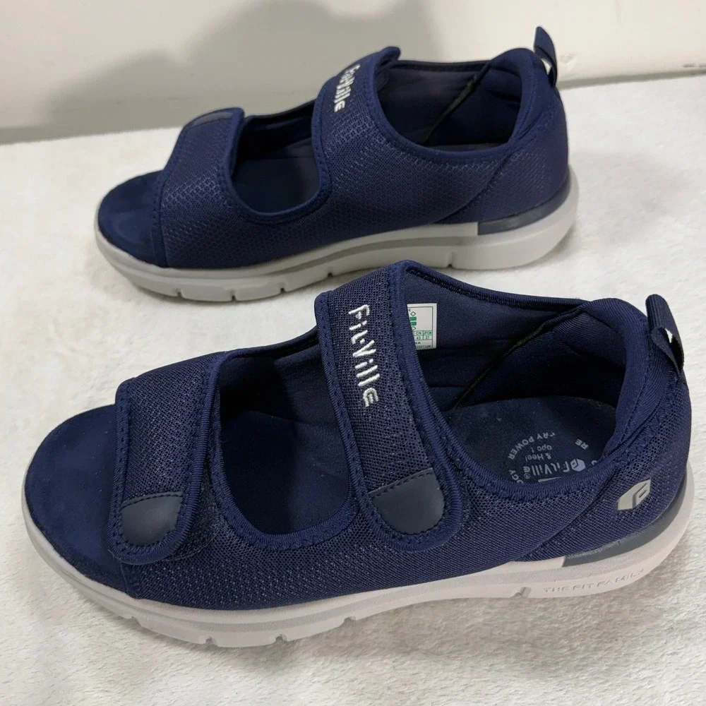 FitVille Mens 9.5 Diabetic Marca Sandals Blue Adjustable Mesh Comfort Shoes